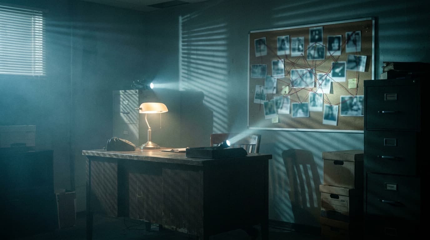 Basement office at night, a corkboard covered in field photographs and red string