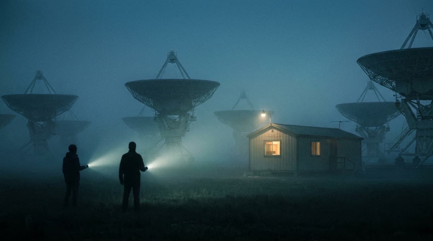 A radio telescope array at dusk, warm light from a small field office