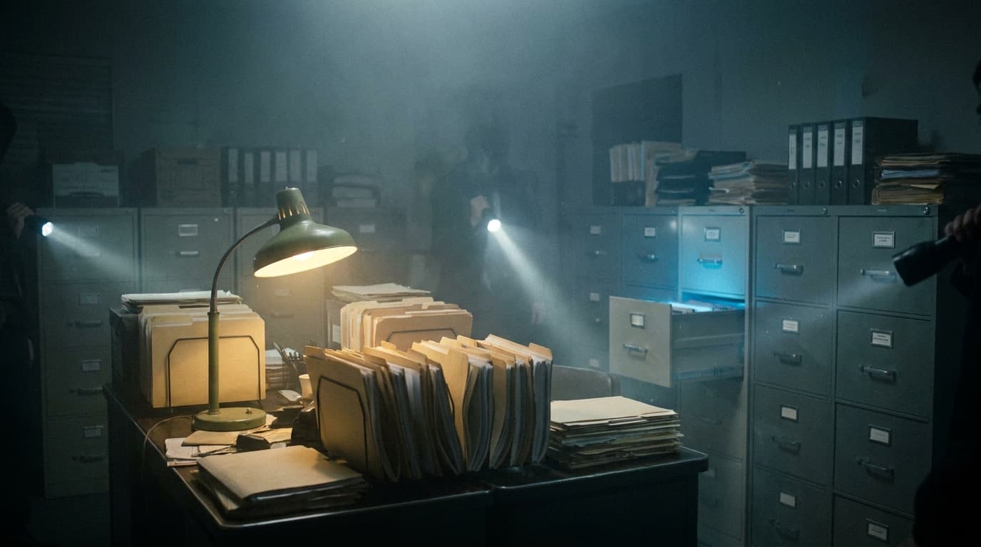 Rows of filing cabinets and manila folders lit by a single desk lamp, one drawer glowing faintly