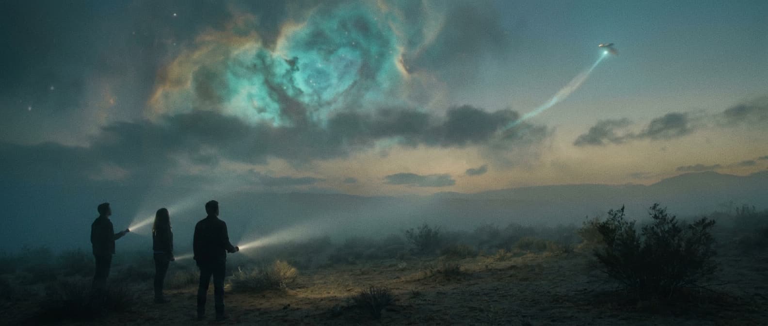 A vast nebula over a quiet desert horizon, a small craft ascending on an GlobePro Travel Co. departure