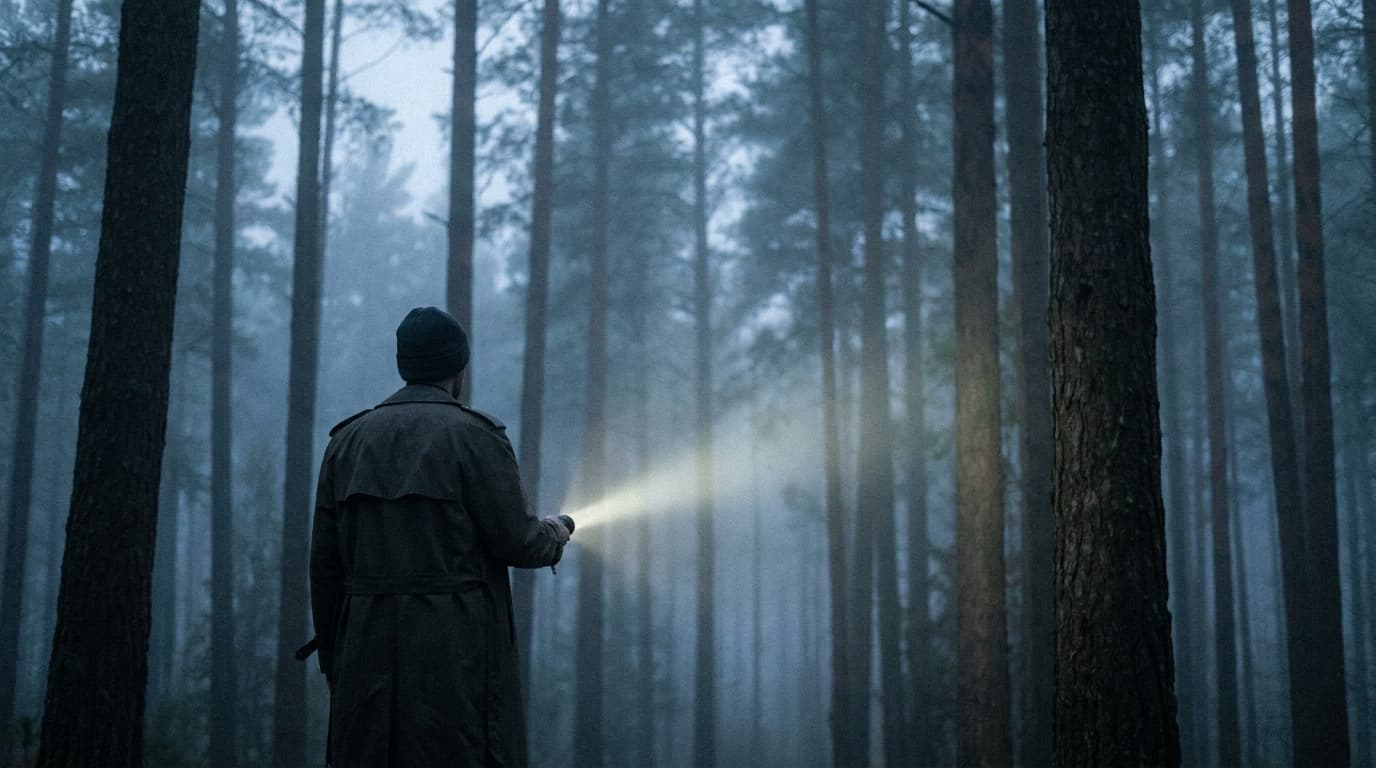 A lone figure in a trench coat seen from behind, flashlight beam into a foggy pine forest