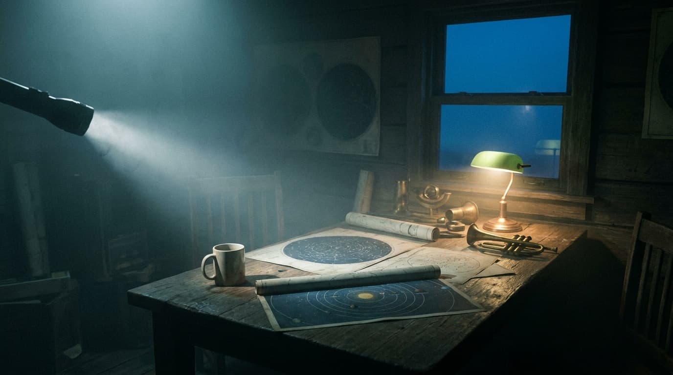 Star charts and orbital maps spread on a wooden table under warm lamplight