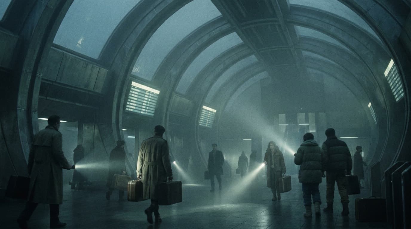 A grand retro-futurist spaceport terminal hall with travelers and luggage