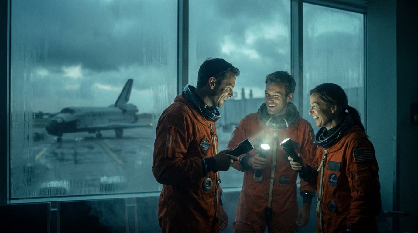 Happy travelers in orange flight suits laughing at a departure gate