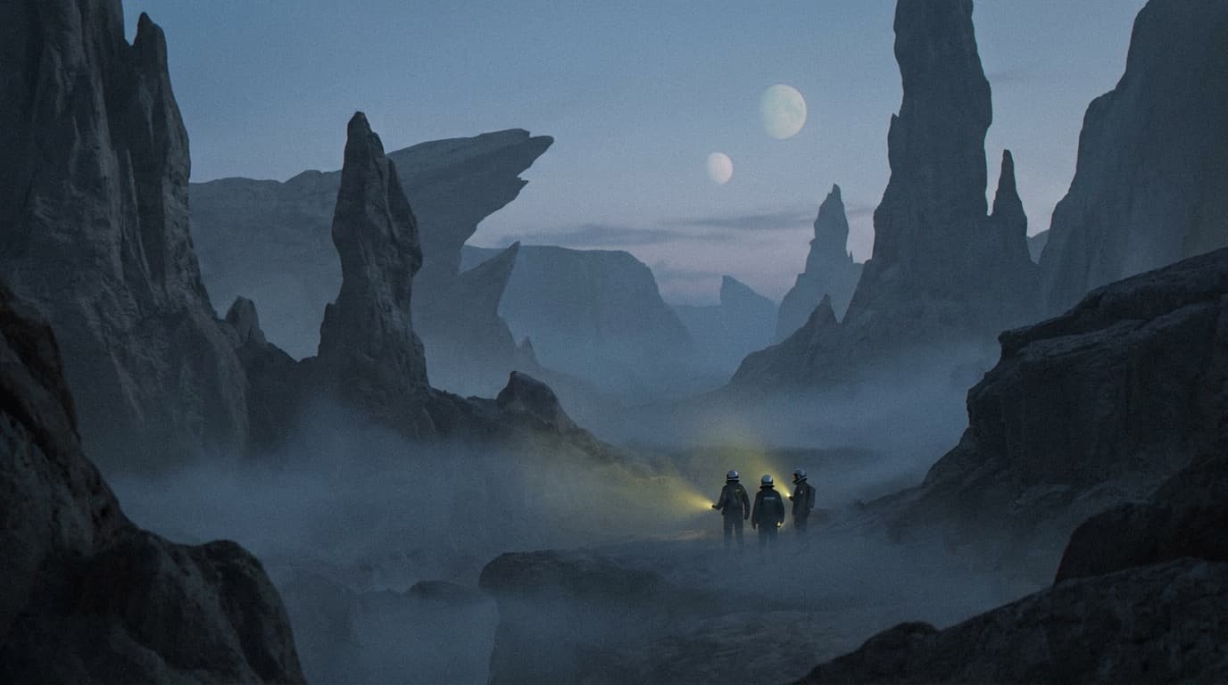 A panoramic alien canyon vista with two moons rising over a small group of hikers