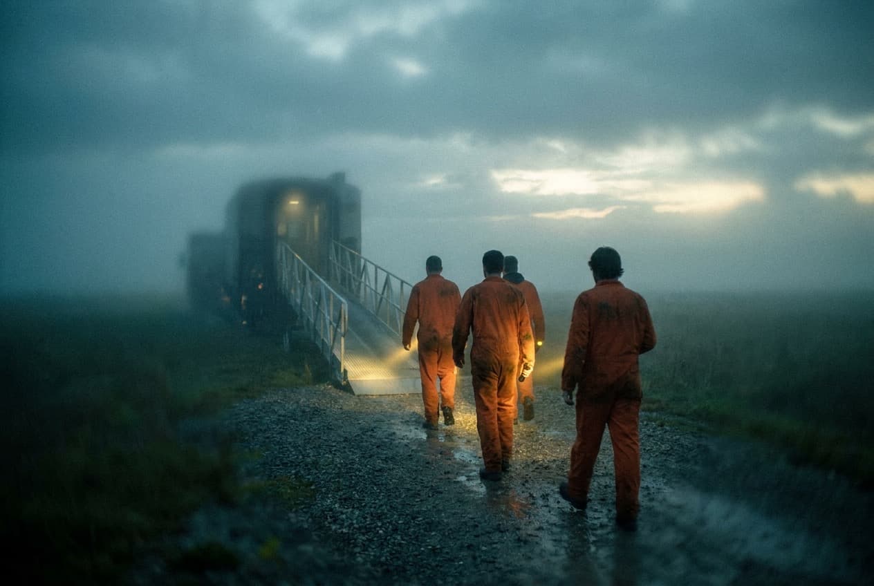 A group of travelers in flight suits walking through fog toward a lit transport at dusk