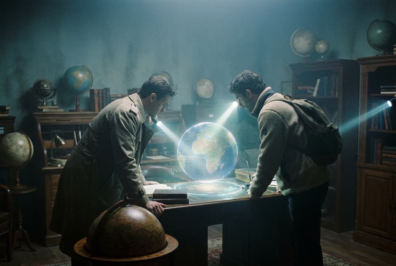 Two travel planners examining a glowing holographic globe surrounded by antique star charts and globes