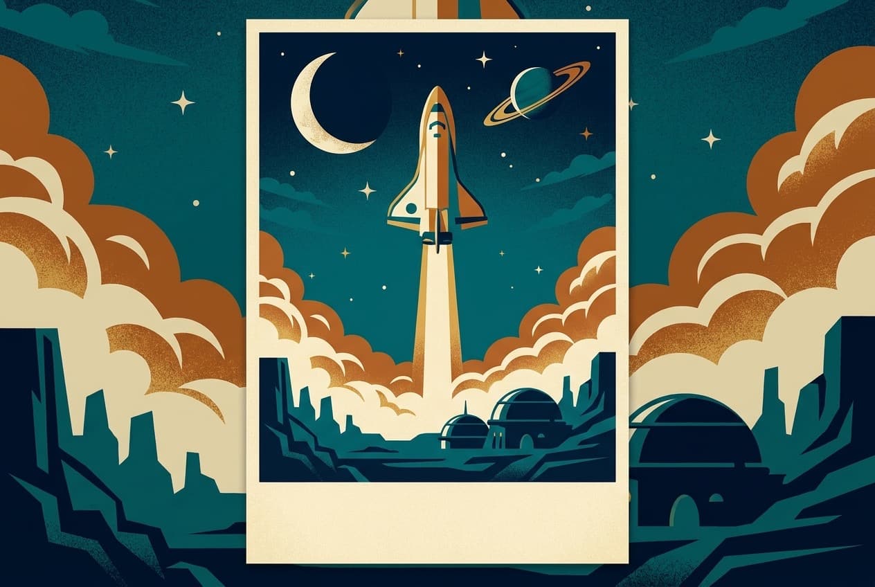 Retro travel poster of an orbital shuttle launching past a ringed planet and crescent moon above a domed surface settlement