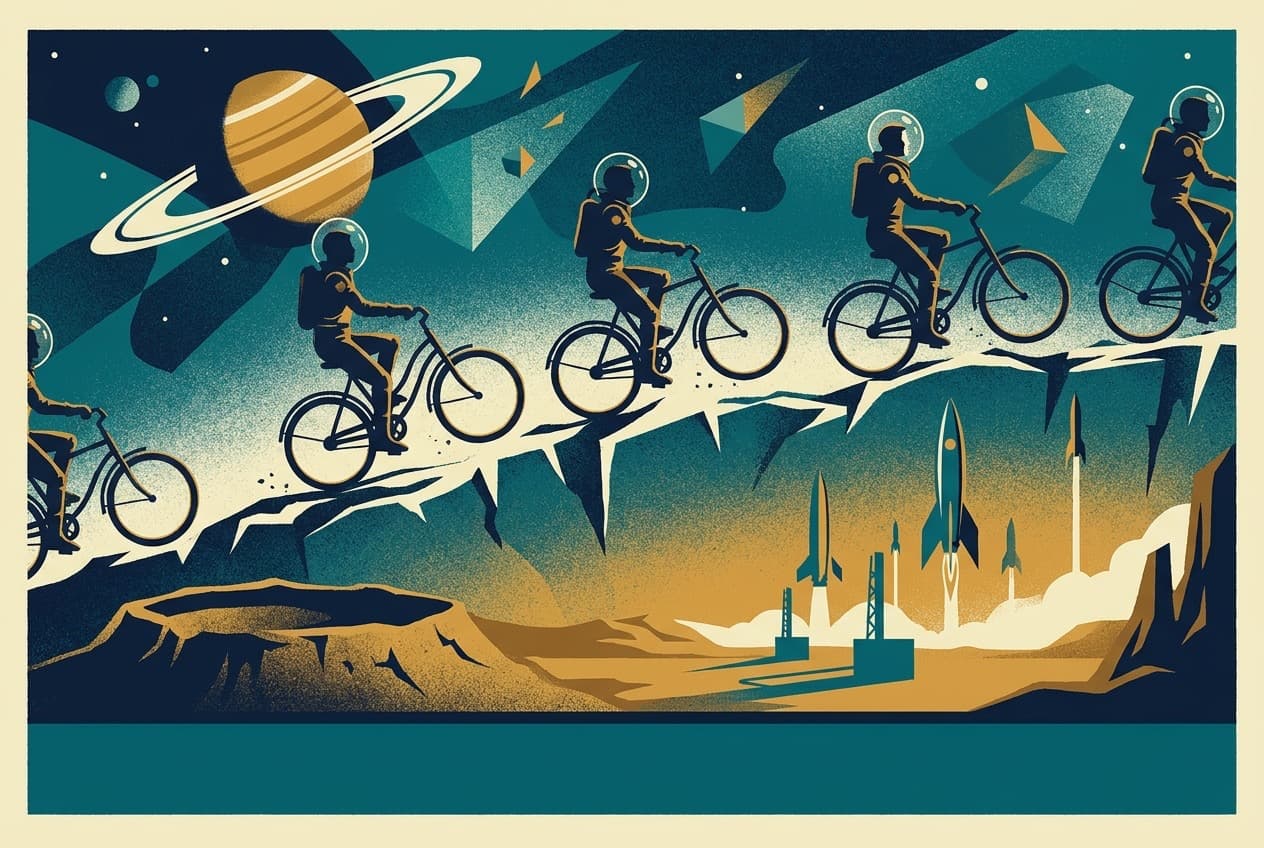 Retro travel poster of cyclists riding a crater ridge in low gravity beneath a ringed planet as rockets launch below