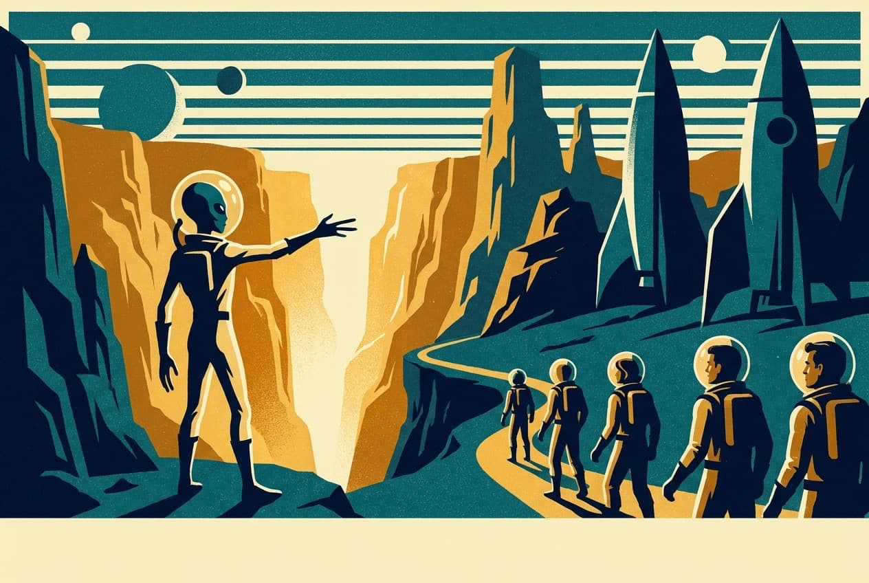 Retro travel poster of a local guide leading a group of spacesuited travelers through a canyon toward distant spires