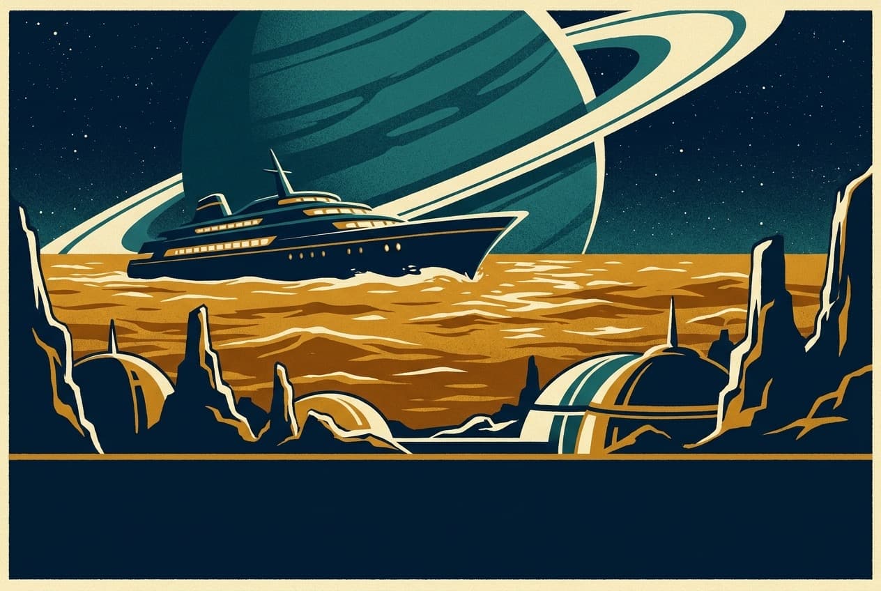 Retro travel poster of a cruiser gliding across a golden methane sea beneath a massive ringed planet
