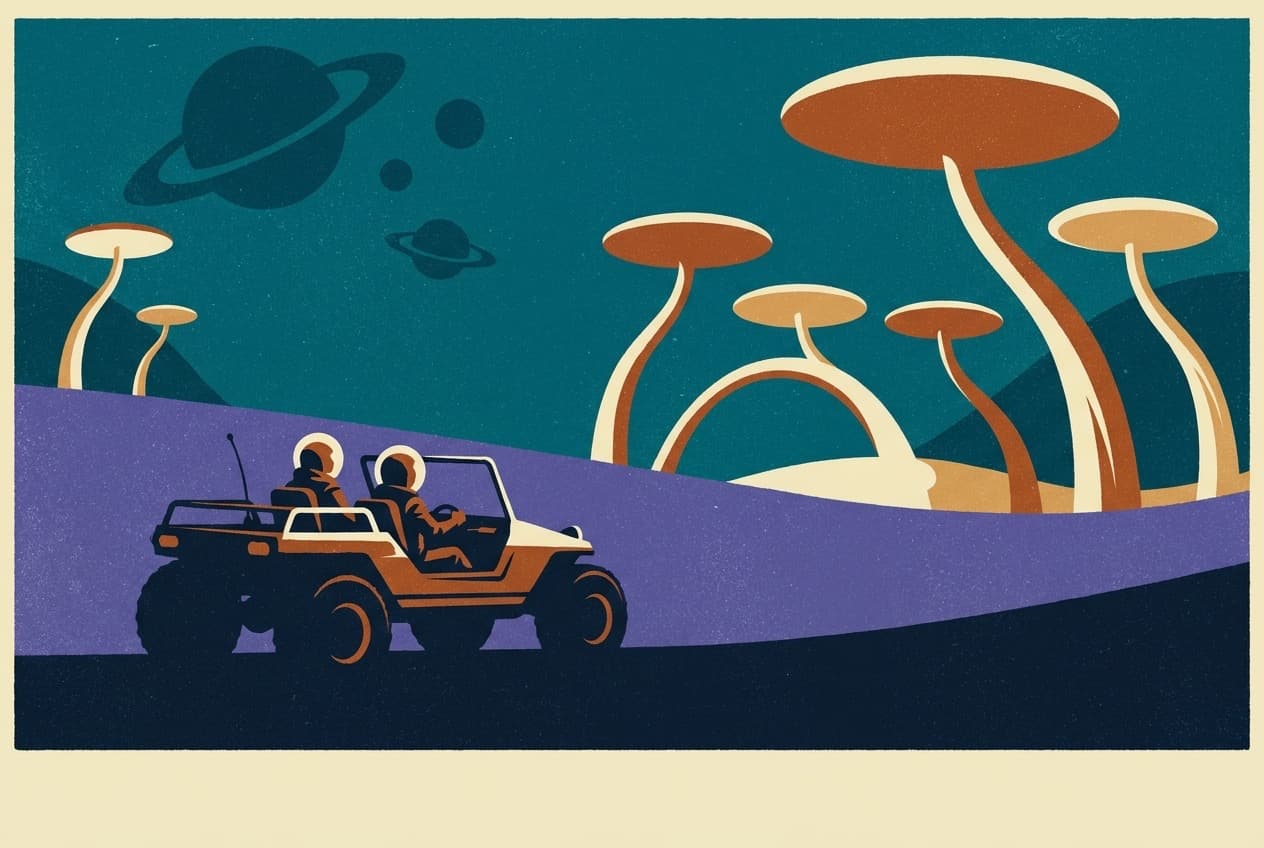 Retro travel poster of a rover carrying two travelers past towering mushroom-like alien flora beneath ringed planets