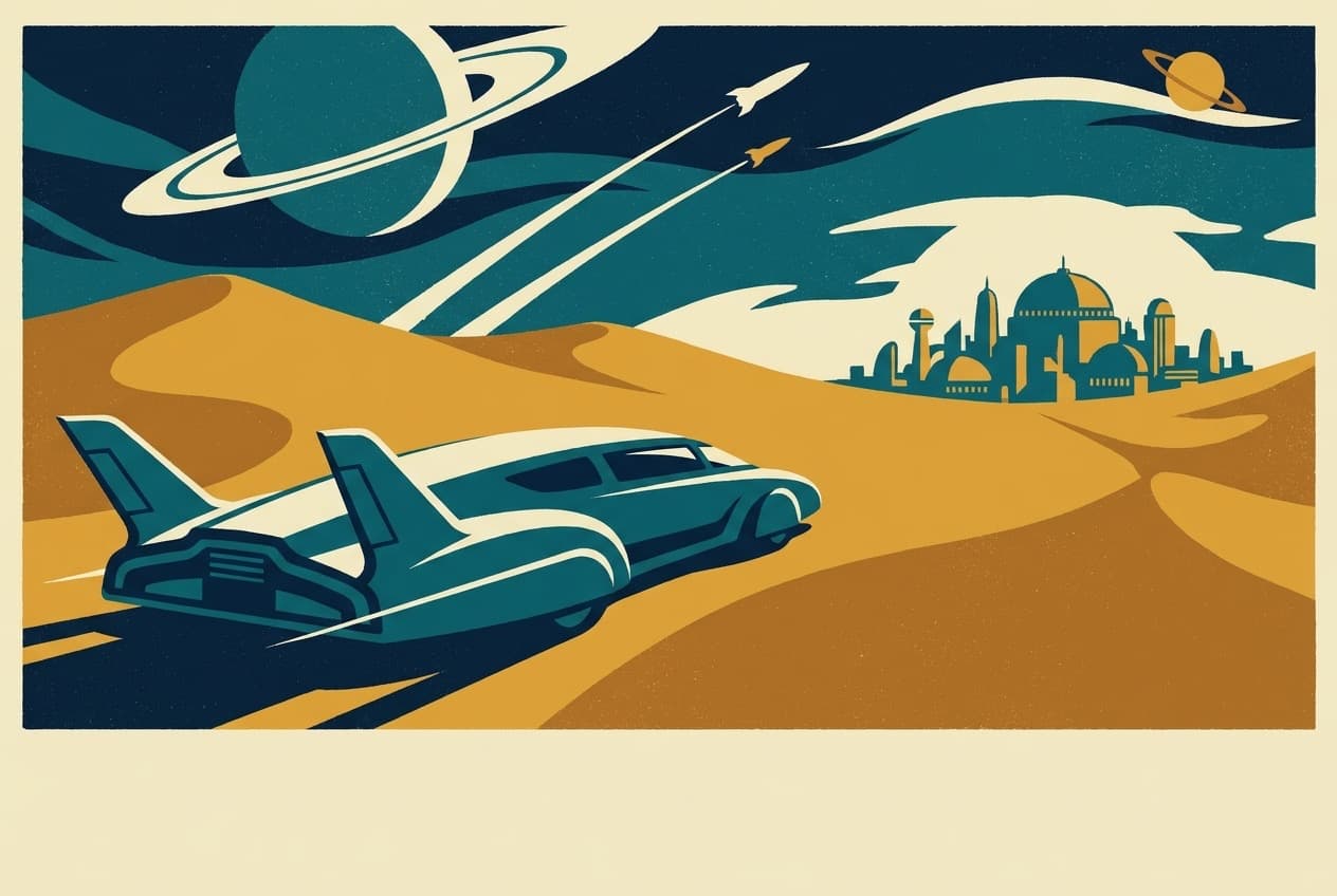 Retro travel poster of a rover speeding across desert dunes toward a domed settlement beneath a ringed planet