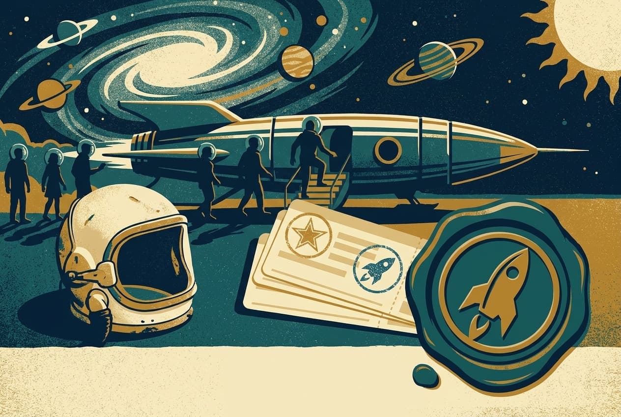 Retro travel poster of travelers boarding a shuttle beside an EVA helmet and travel documents stamped with a rocket seal