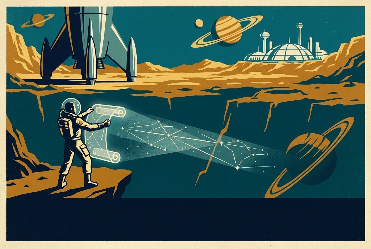 Retro travel poster of a traveler projecting a holographic star-map itinerary from a cliff overlooking a domed city