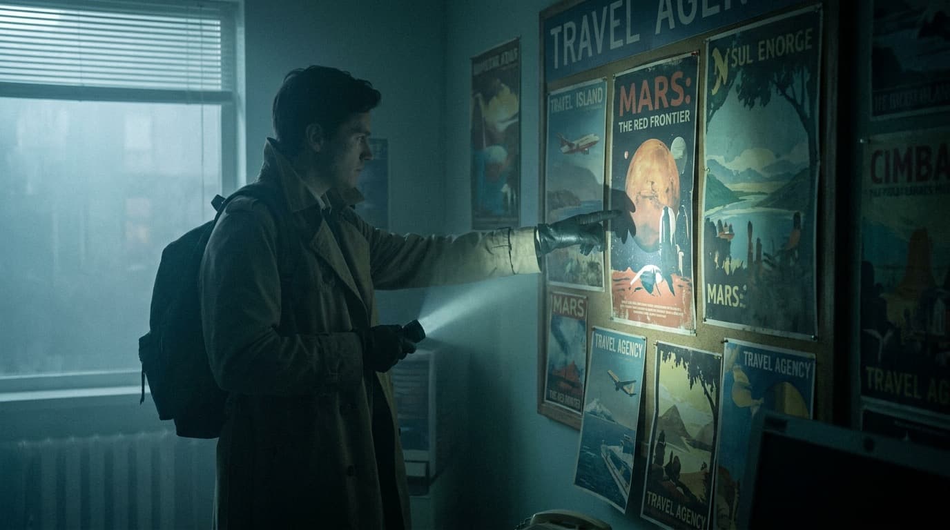 A traveler at a travel-agency wall of retro planet posters, pointing at one
