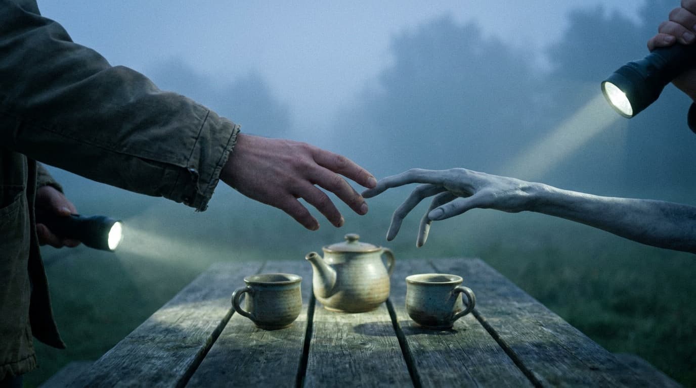 Two hands nearly touching across a tea set, one human and one slender and grey
