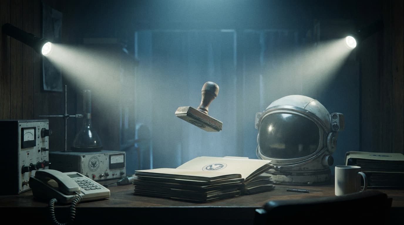 A rubber stamp hovering over travel paperwork beside a space helmet on a desk