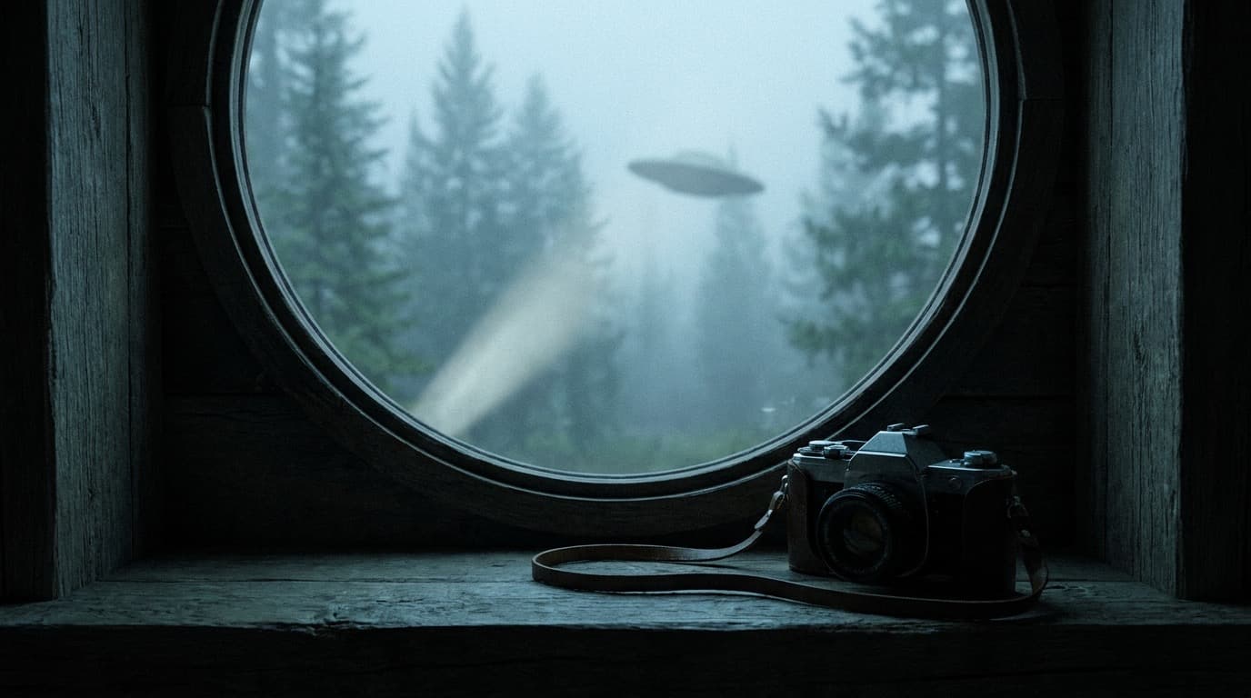 A camera resting on a cabin windowsill with a blurred disk shape outside the porthole