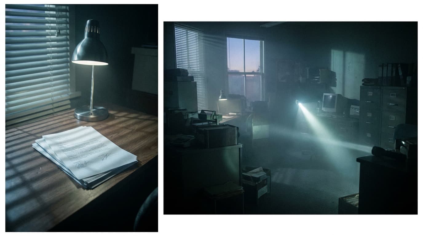 A neat stack of signed forms under a desk lamp with venetian-blind shadows