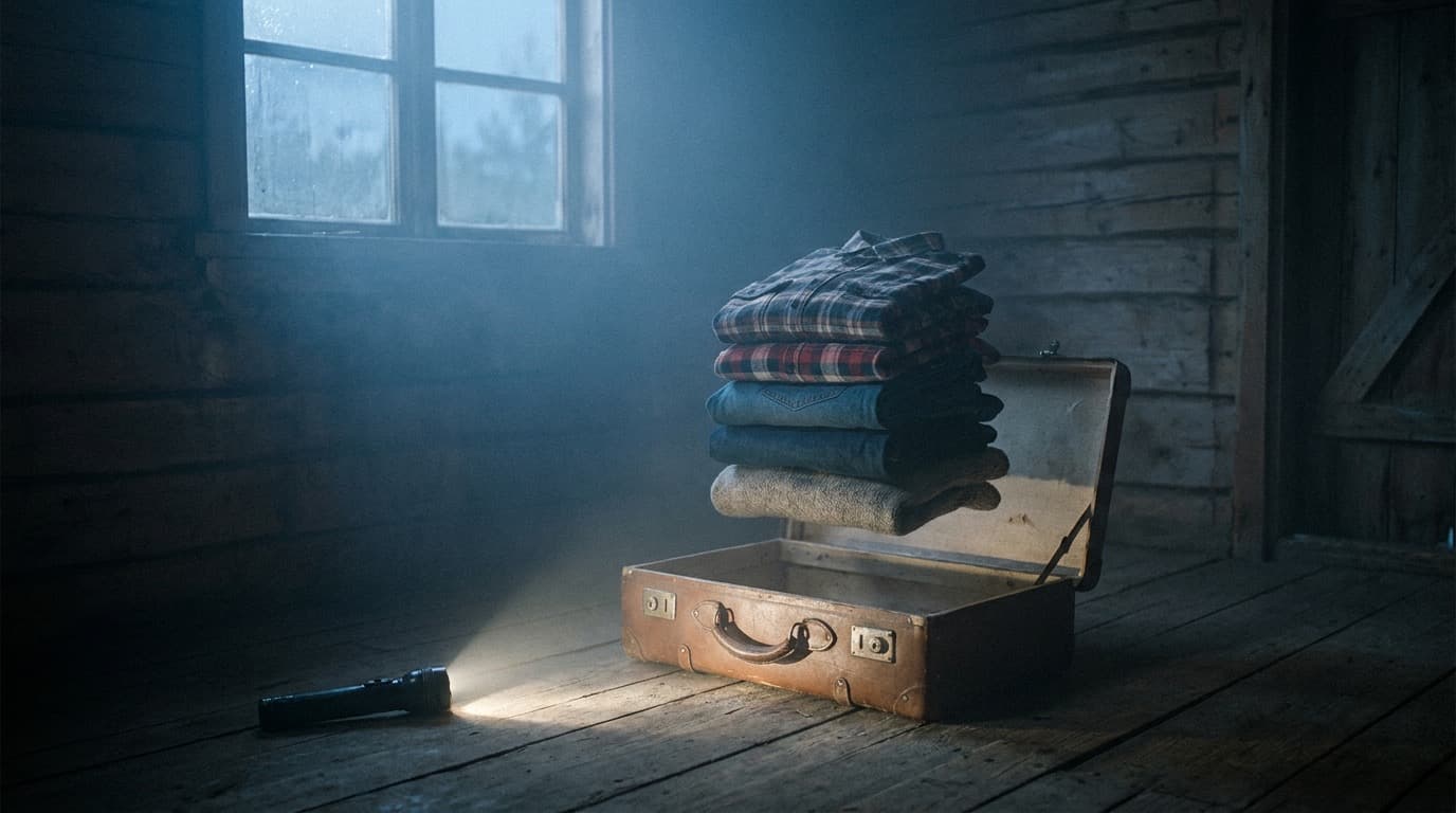 An open suitcase with clothes floating neatly above it inside a cabin