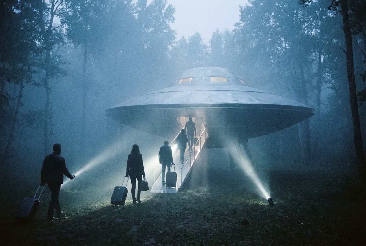 Silhouettes with rolling luggage ascending a lit boarding ramp into a saucer