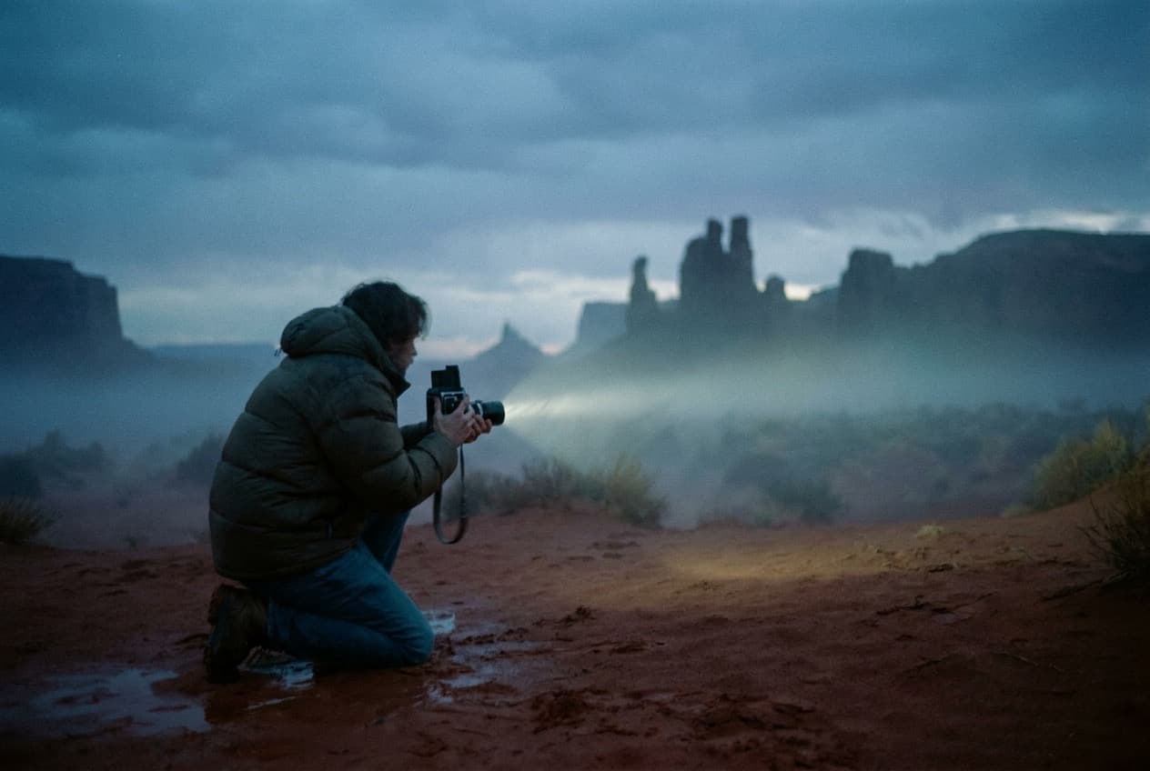 A photographer kneeling at dawn before distant monuments on red sand