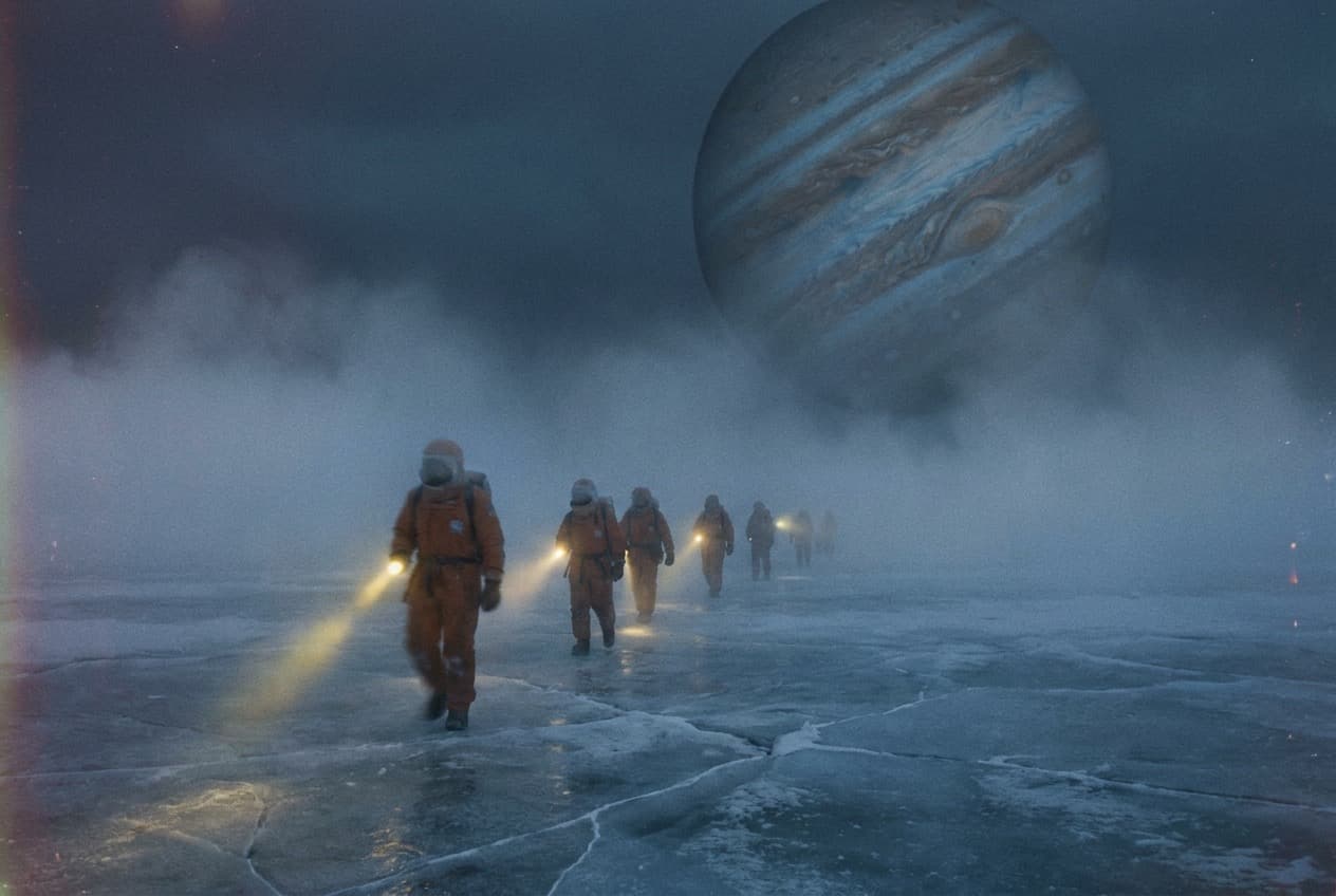 A line of explorers in orange suits crossing blue-white ice with Jupiter huge overhead