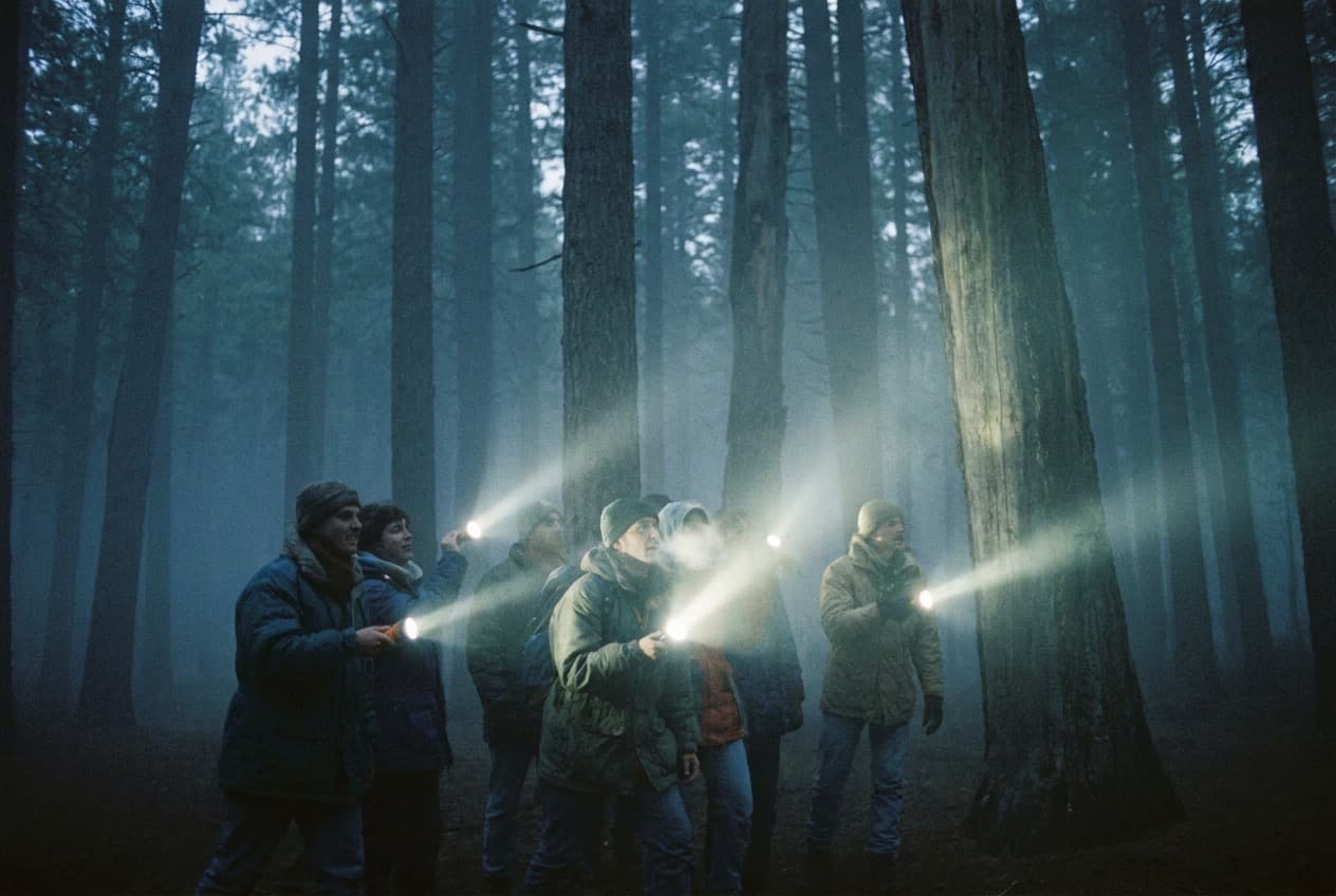 A tour group sweeping flashlight beams through foggy pine cover at night