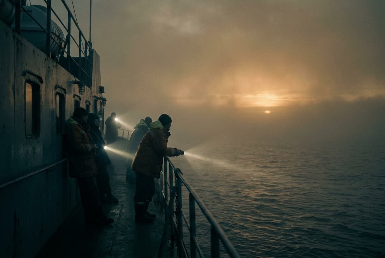 Passengers on a cruiser deck watching a hazy amber sunset over a methane sea