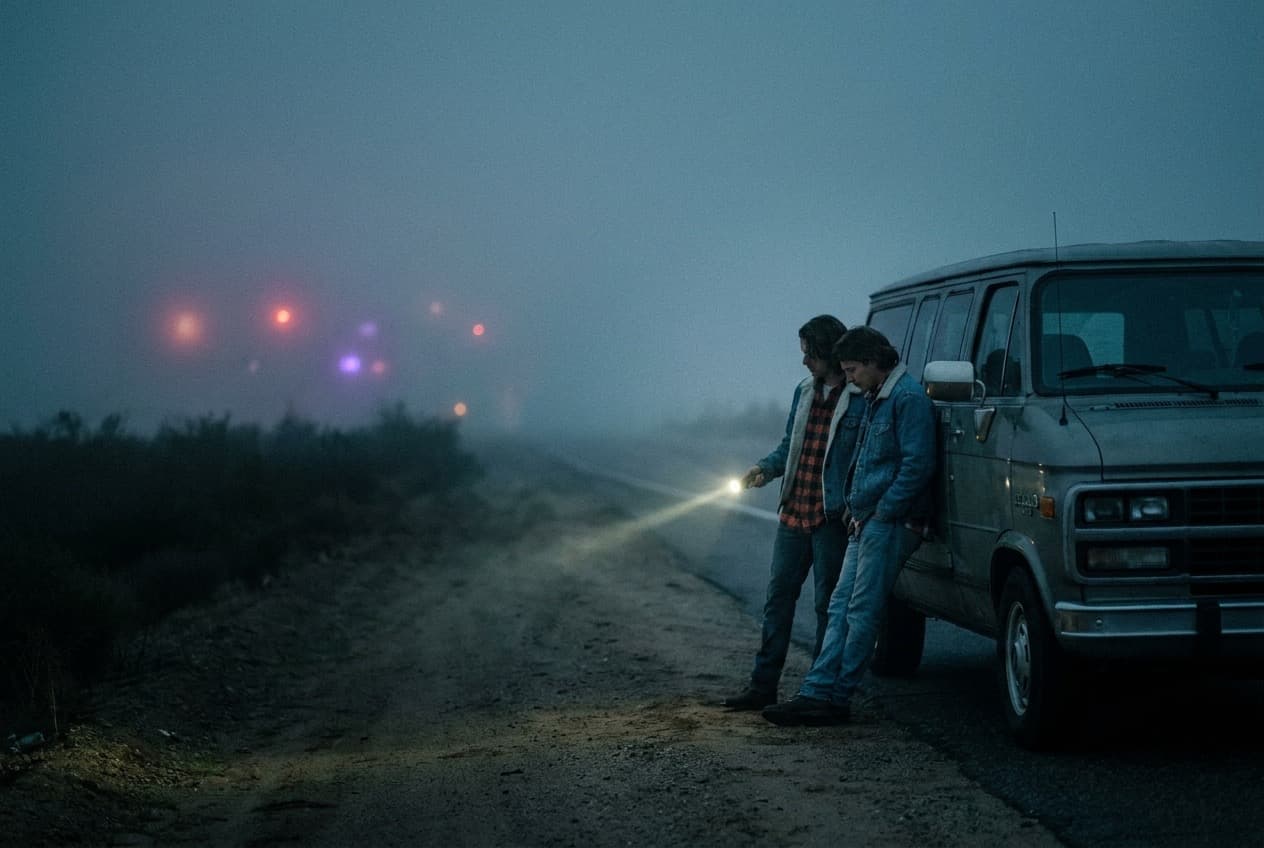 Travelers leaning on a van on a desert highway at night, strange lights on the horizon