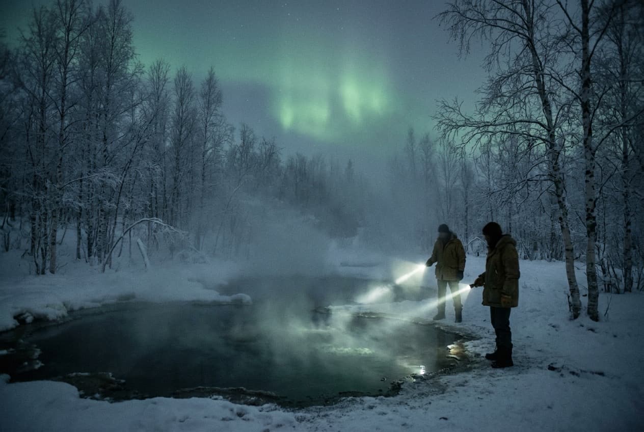 Green aurora over steaming dark spa pools in a snowy birch forest