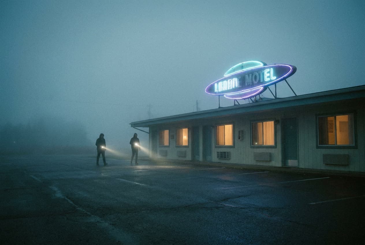 A 1950s roadside motel with a saucer-shaped neon sign and warm lit windows