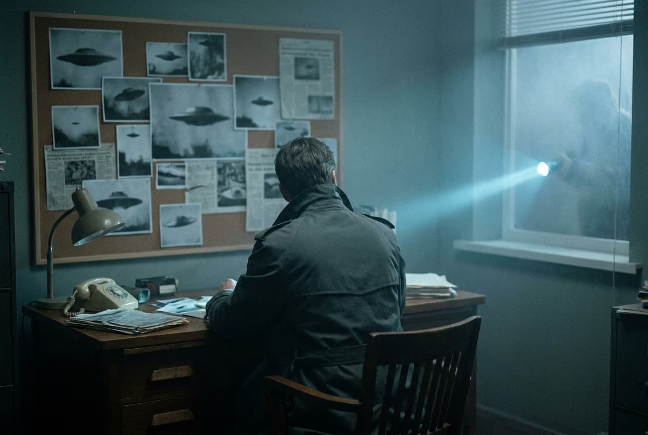A trench-coated figure seen from behind at a desk, corkboard of case photos in the background